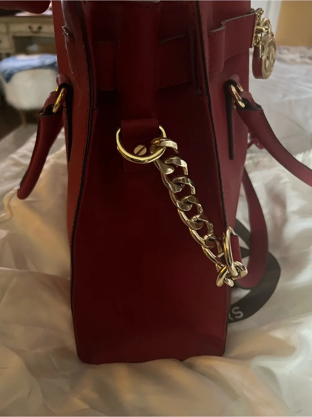 Michael Kors Bright Red Leather Tote with Gold-Tone Accents